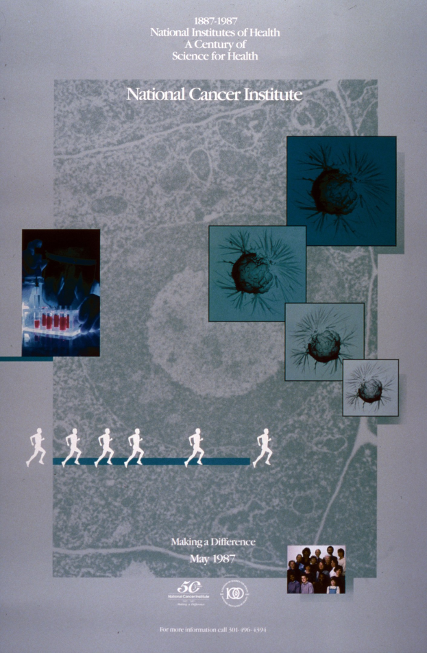 Buntes Plakat für das National Cancer Institute mit blauem Hintergrund und weißer Schrift, das einen Kreis aus überlappenden Bildern von verschiedenen, strahlenden Menschen um den fettgedruckten, großgeschriebenen Titel zeigt.