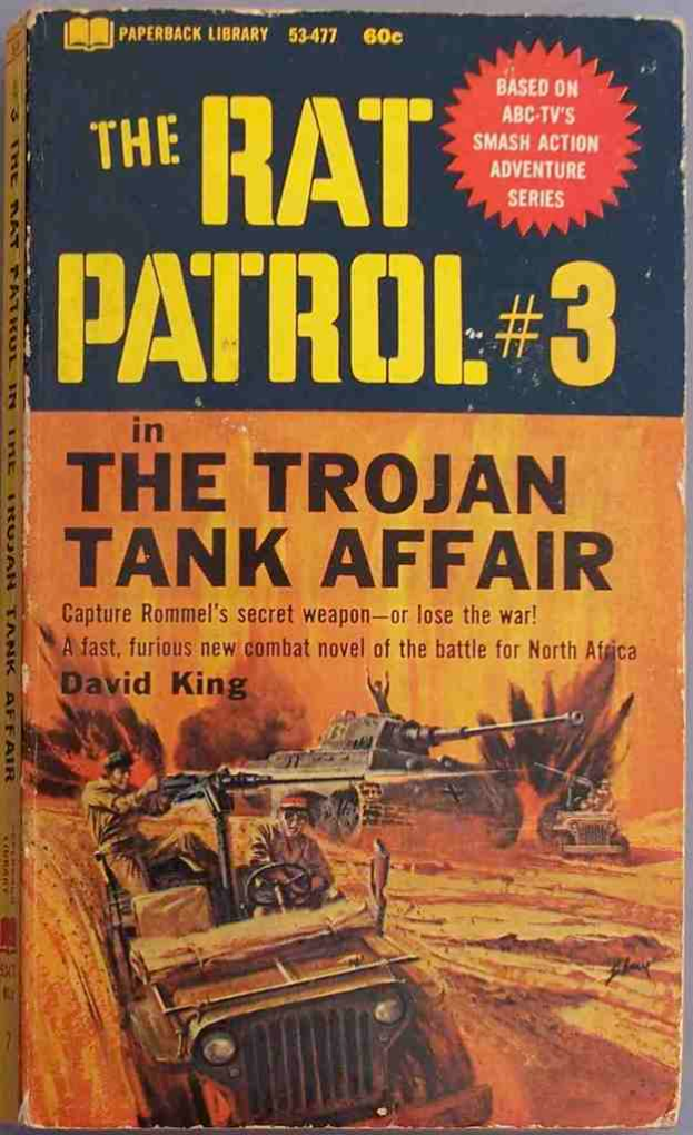 Ein Buchumschlag mit Armee-Panzern und Jeeps in einer Kriegszene mit Text Ã¼ber der Illustration.