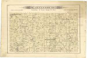 Ein altes Stadtplan von Martinsburg, Pennsylvania, der Straßen, Parks und Sehenswürdigkeiten mit handgeschriebener Text zeigt.