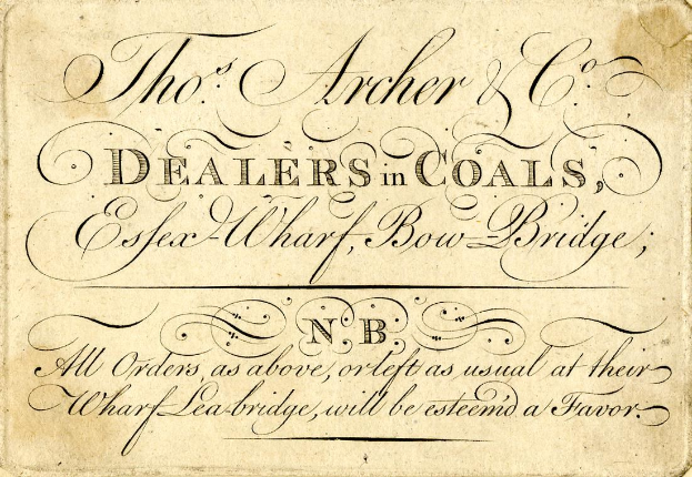 Papier mit gedrucktem Text "The Archer & Co Dealers in Coals, Essex Wharf, Bow Bridge".