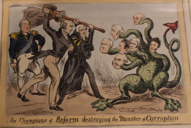 Cartoon-Illustration von Reformchampions, die ein als Korruption etikettiertes Monster besiegen, mit begleitendem Text "Die Reformchampions zerstören das Monster der Korruption."