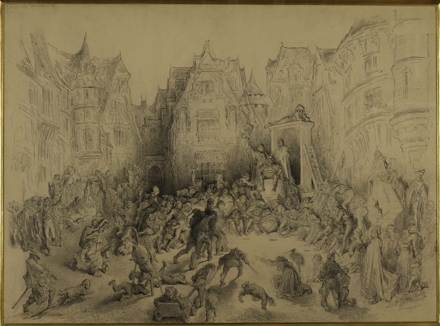 Ein gerahmtes Bild einer belebten Stadtstraße mit Menschen, die stehen und sitzen und in einer lebendigen Atmosphäre sind, mit Gebäuden im Hintergrund.