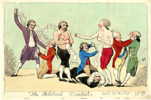 Politisches Cartoon namens "Der politische Wettbewerb", das eine Gruppe von Menschen in verschiedenenfarbigen Kleidern zeigt, wobei eine Person in der Mitte liegt.