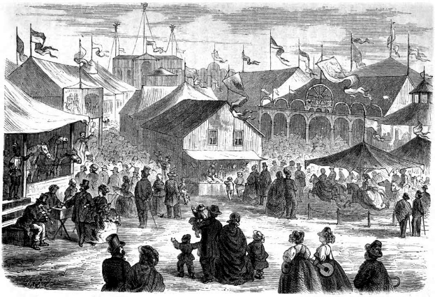 Eine Schwarz-Weiß-Zeichnung eines pulsierenden viktorianischen Volksfestes in London, England, mit Zelten, Gebäuden, Fahnen, Polen und Text unten, der "Victorian Carnival in London, England" lautet.