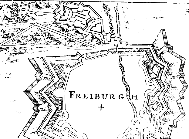 Eine Schwarz-Weiß-Karte von Freiburg, Deutschland, mit Straßen, Gebäuden und Sehenswürdigkeiten, überlagert mit Text.