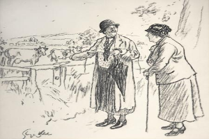 Ein Mann und eine Frau stehen zusammen auf einem Feld, der Mann hält einen Stock, mit Tieren, Bäumen und einem Zaun im Hintergrund; Text unten lautet "Die Farmerin des Bauern durch Sir Edward Burne-Jones."