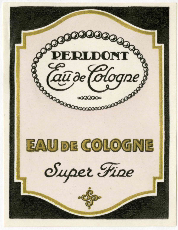 Ein Vintage-Plakat mit 'Perldont Eau de Cologne Super Fine' in fetter schwarzer Schrift auf einem hellblauen Hintergrund, umgeben von einem weißen Rand.