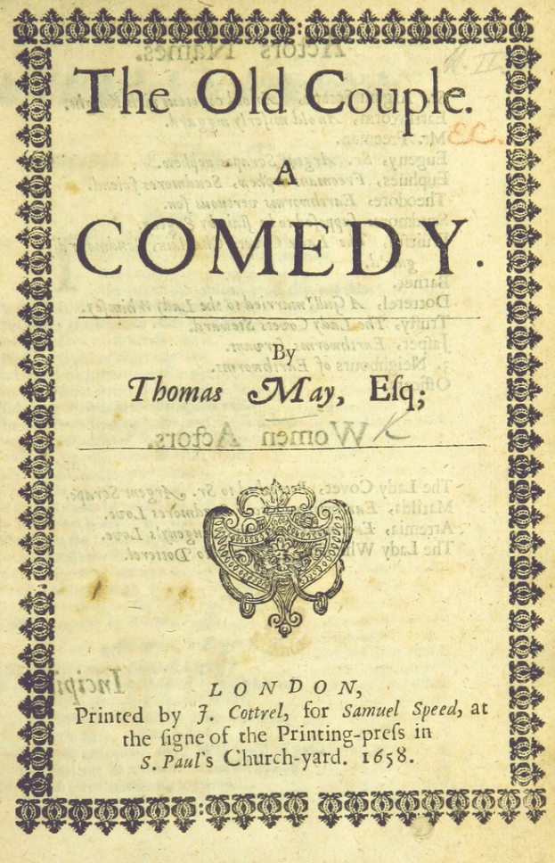 Altes Buch mit dem Titel 'The Old Couple: A Comedy' und einem Logo auf dem Cover.