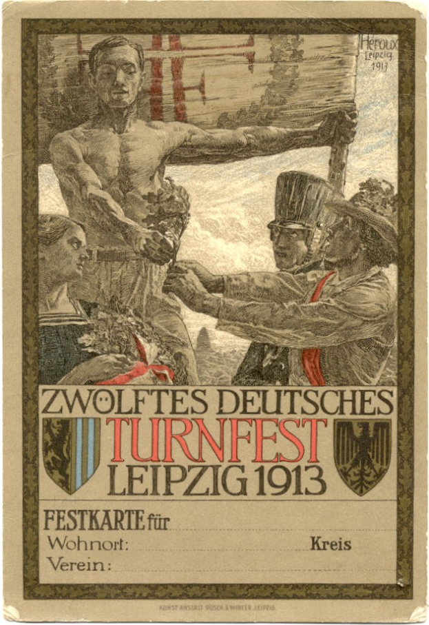 Plakat für das Zwölfte Deutsche Turnfest Leipzig 1913, das eine Gruppe von Menschen in der Mitte mit Text zeigt, der die Veranstaltungdetails angibt.