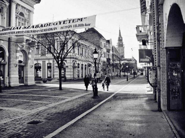Eine Straßenszene mit Gebäuden auf beiden Seiten, einem Banner oben links, Laubbäumen, dekorativen Laternen und einigen Fußgängern.