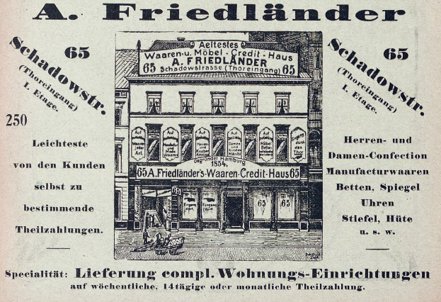 Alte Anzeige für einen Friedländer-Laden in Deutschland, der ein Gebäude mit Text auf der Fassade zeigt.