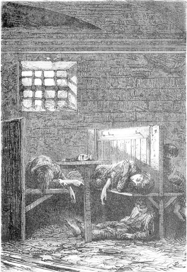 Schwarz-weiß-Illustration von mehreren Menschen, die in einem kargen Gefängnis-Schlafsaal mit einem Fenster und einer Wand im Hintergrund schlafen oder ruhen, wobei einige besorgt wirken.