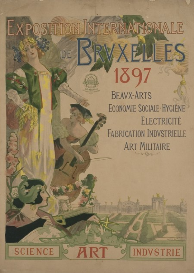 Plakat für die Internationale Ausstellung von 1897 in Brüssel mit einem zentralen Frauenporträt und umgebenem Text.