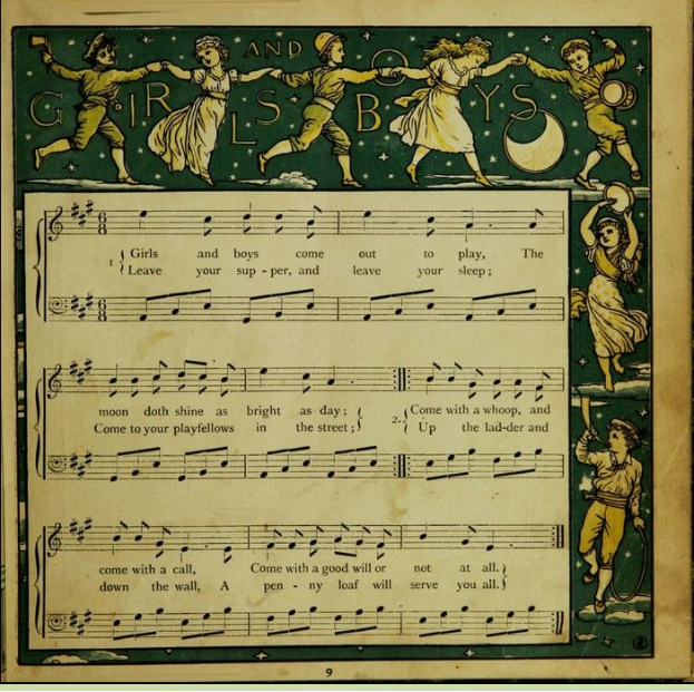 Ein Blatt Papier mit einer Zeichnung von Kindern, die fröhlich zu einem Notenblatt mit der Aufschrift "Girls and Boys" tanzen