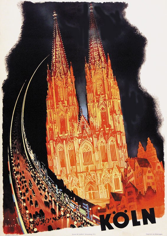 Illustrierter Plakatentwurf des Kölner Doms mit seinen beiden Türmen, der die Kölner Bahnstation und -dienste bewirbt.