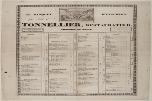 Ein altes Buch, das ein Restaurantmenü mit Text und einem Bild zeigt, das die Angebote des Restaurants beschreibt.