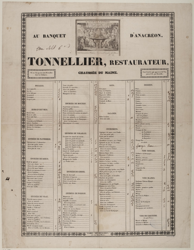 Ein altes Buch, das ein Restaurantmenü mit Text und einem Bild zeigt, das die Angebote des Restaurants beschreibt.