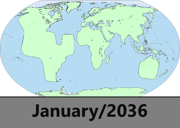Blauer und grüner Globus mit "Januar 2036" darauf vor einem weißen Hintergrund.