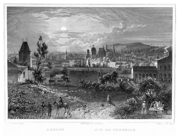 Eine Schwarz-Weiß-Radierung einer Stadtlandschaft mit einem Vollmond im Hintergrund, die Bäume, Pflanzen, Menschen und Gebäude zeigt, mit der Beschriftung "Aachen, die Hauptstadt Deutschlands" unten.