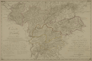 Ein detaillierter alter Stadtplan von Tirol, Deutschland, der Städte, Dörfer, geografische Merkmale und Texte zeigt, die Informationen zur Bevölkerung, Straßen und Sehenswürdigkeiten liefern.
