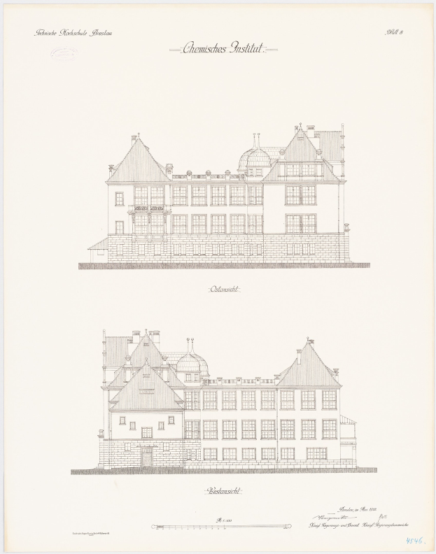 Eine handgezeichnete Skizze des Chemistes Institut-Gebäudes in den Niederlanden, das zahlreiche Fenster aufweist, auf einem Blatt Papier mit begleitendem Text.