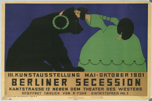 Plakat der Berliner Secession mit einer Frau in grünem Kleid und einem Mann im schwarzen Anzug, mit Text zur Beschreibung des Ereignisses.