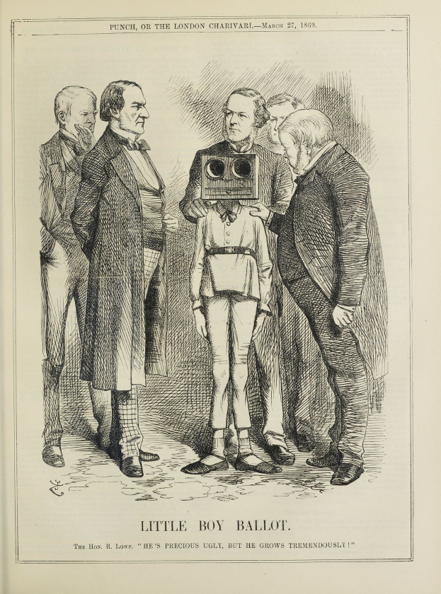 Kind steht in der Mitte einer Zeichnung und hält eine Kamera, umgeben von einer Gruppe von Menschen, mit dem Text 'Kleiner Junge Stimmzettel' unten.