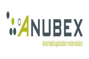 Das Anubex Automated Application Modernization-Logo in fetter schwarzer Schrift auf einem weißen Hintergrund, umgeben von einem dünnen schwarzen Rand.