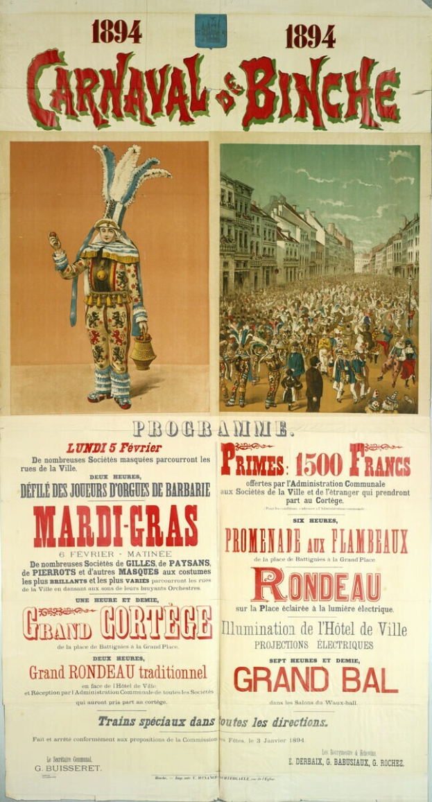 Ein Vintage-Plakat, das ein Karnevalsfest in Banche, Frankreich, bewirbt und Illustrationen von Menschen, Gebäuden und Text enthält.