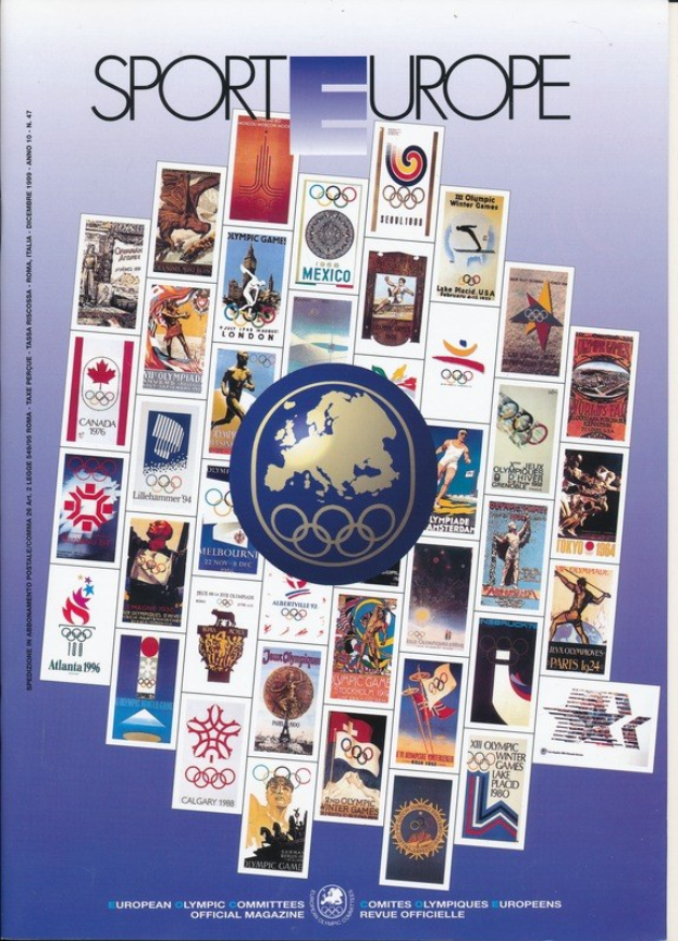 Ein Buchumschlag mit dem Titel "Sporting Europe", der farbenfrohe olympische Bilder, Symbole und Texte zeigt.