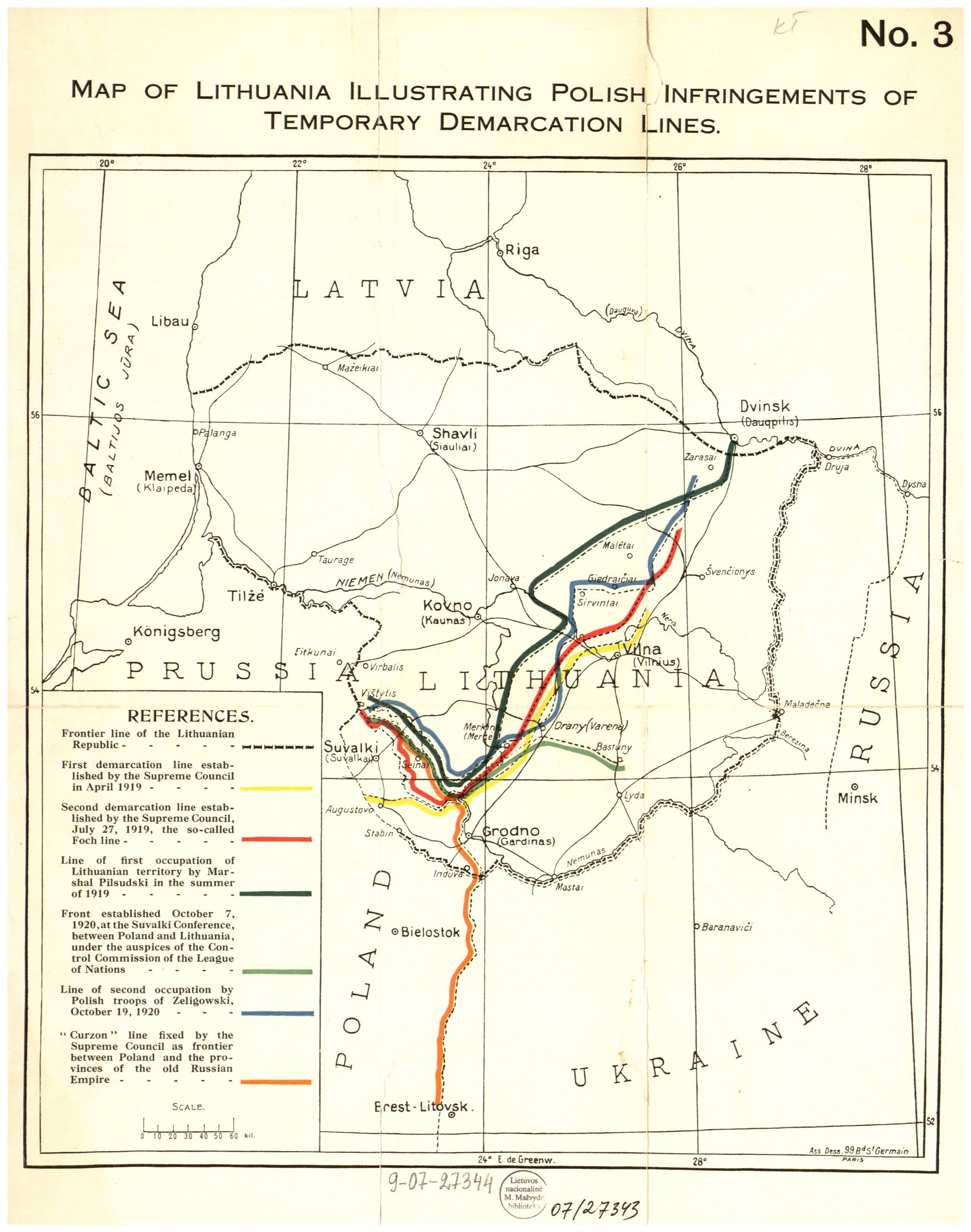 Detailierte Karte von Litauen mit markierten polnischen Überschreitungen der temporären Demarkationslinien, einschließlich Städten, Dörfern und geografischen Merkmalen, begleitet von erklärendem Text.