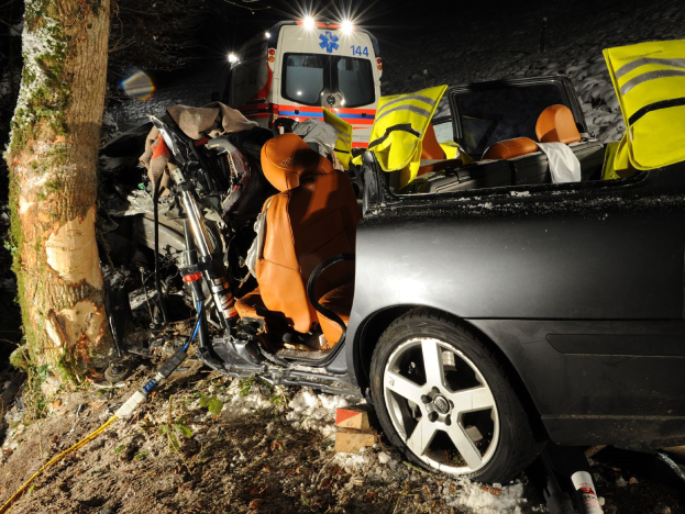 Ein demoliertes Auto am Straßenrand mit einem im Hintergrund sichtbaren Rettungswagen, umgeben von Bäumen.