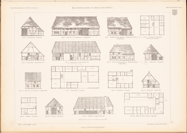Ein offenes altes Buch zeigt Architekturhauspläne und -entwürfe.