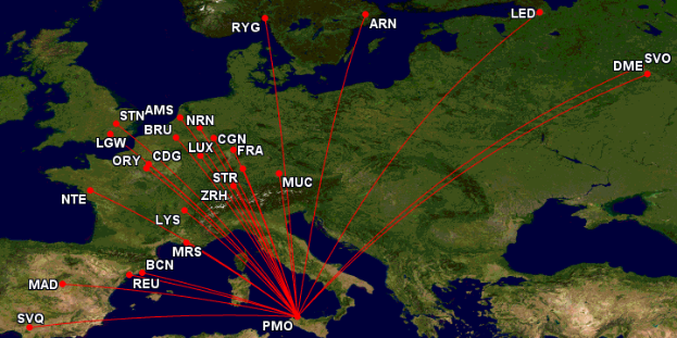 Eine Europakarte mit einer roten Linie, die die Route eines Flugzeugs von London nach London anzeigt, mit Text, der die Reise beschreibt.