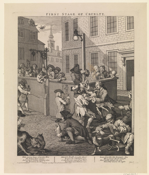 Gruppe von Menschen und Tieren versammelt um ein Gebäude mit Fenstern und einem Lichtmast, mit Text, der unten 'Erste Stufe der Grausamkeit' lautet.