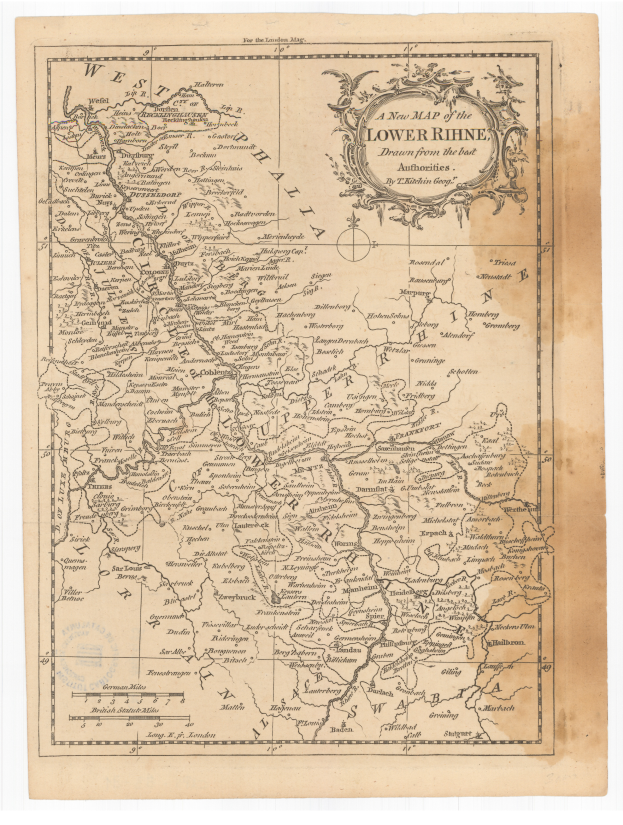 Ein detailliertes altes Kartenbild der Niederrhein-Region, das geografische Merkmale wie Flüsse, Berge und Städte zeigt, mit Text in einer klassischen Schriftart.