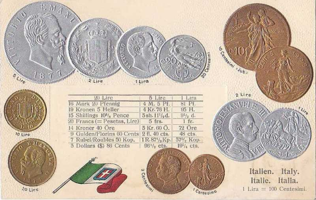 Eine Sammlung italienischer Münzen von 1877-1910, darunter 20-Lire-Münzen, auf Papier angeordnet mit italienischen Flaggen unten.