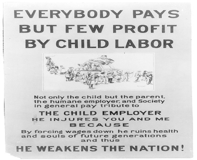 Schwarz-weißes Plakat mit dem Text "Jeder zahlt, aber wenige profitieren von Kinderarbeit" mit einer Gruppe von Menschen, die gegen Kinderarbeit protestieren.