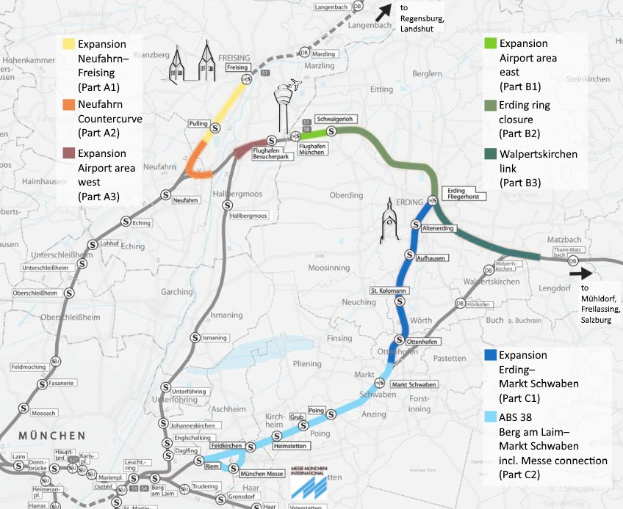 Eine detaillierte Karte einer Stadt mit einer hervorgehobenen Bahnroute von München nach Frankfurt, die Haltestellen, die Umgebung und Bahninformationen zeigt.