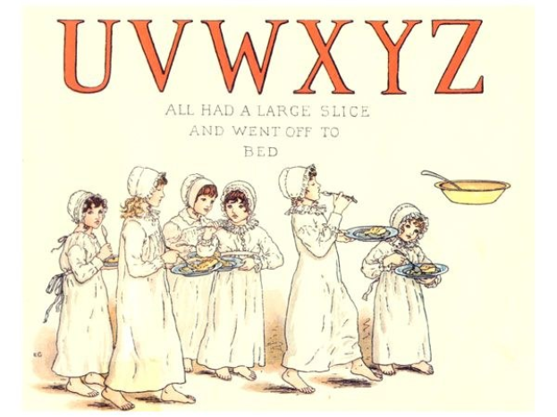 Eine Gruppe von Menschen mit Tellern voller Essen, einem Schüsselchen und Löffel rechts daneben und der Aufschrift "Uwxyz - Alle hatten ein großes Stück und gingen ins Bett" oben.