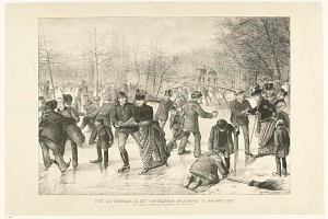 Eine Gruppe von Menschen, die auf einem Eisstadion in einem Park Schlittschuh laufen, mit Bäumen und einer Brücke im Hintergrund und einem Text unten, der "Het us-vermaak in het vondelpark op zondag 10 januari 1887" liest.