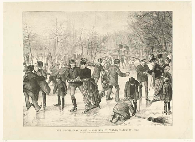 Eine Gruppe von Menschen, die auf einem Eisstadion in einem Park Schlittschuh laufen, mit Bäumen und einer Brücke im Hintergrund und einem Text unten, der "Het us-vermaak in het vondelpark op zondag 10 januari 1887" liest.