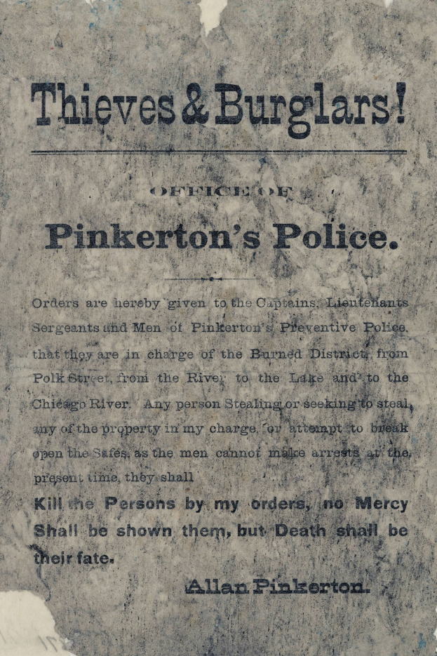 Ein Plakat mit fetter schwarzer Schrift, die 'Diebe & Einbrecher Pinkertons Polizei' auf einem weißen Hintergrund liest, von einem schmalen schwarzen Rand eingerahmt.