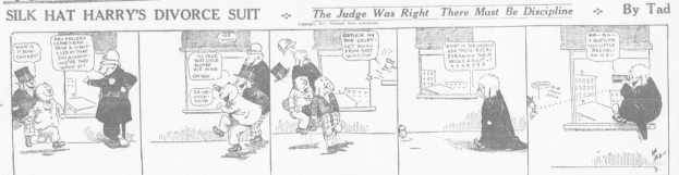 Cartoon-Illustration eines Mannes in einem schwarzen Anzug mit weißem Hemd und schwarzer Krawatte und einer Frau in einem eleganten Kleid mit einem schwarzen Schal, beide mit ernsten Gesichtern, beschriftet mit 'Scheidungsklage.'