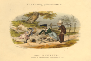 Ein Kindeszeichnen, das drei Kinder zeigt, die mit einem Hund in einem Park spielen, umgeben von Bäumen, Pflanzen und einem Zaun, mit Text unten.