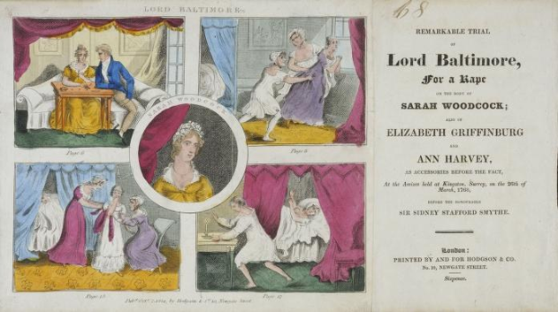 Ein historisches Dokument, das den Prozess von Lord Baltimore wegen Vergewaltigung zeigt, mit Illustrationen von Menschen, Vorhängen und Text, der den Fall von Sarah Woodcock und Elizabeth Griffinburg beschreibt.