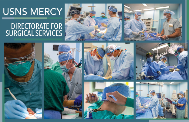 Eine Gruppe von medizinischen Fachkräften in Masken, Kappen und Handschuhen führt einen Eingriff in einem Operationssaal durch, wobei der Text "USNS Mercy Directorate for Surgical Services" zu sehen ist.