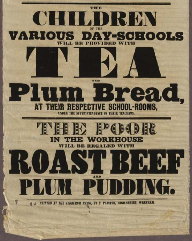 Ein Blatt mit der Aufschrift "Die Kinder der verschiedenen Tagesschulen erhalten Tee, Pflaumenbrot und Rindfleisch sowie Pflaumenpudding"