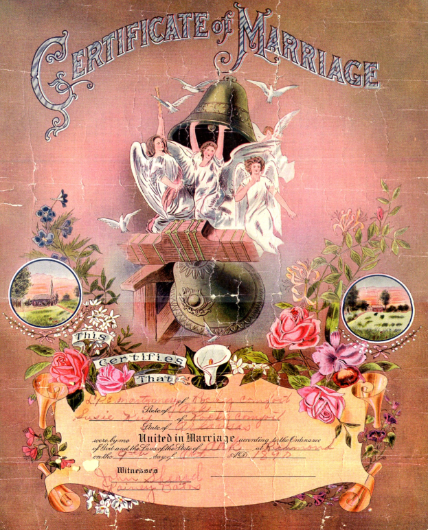 Hochzeitsurkunde mit einem Mann und einer Frau, verziert mit floralen, vogelartigen und botanischen Illustrationen, mit der Aufschrift 'Hochzeitsurkunde' oben drauf.