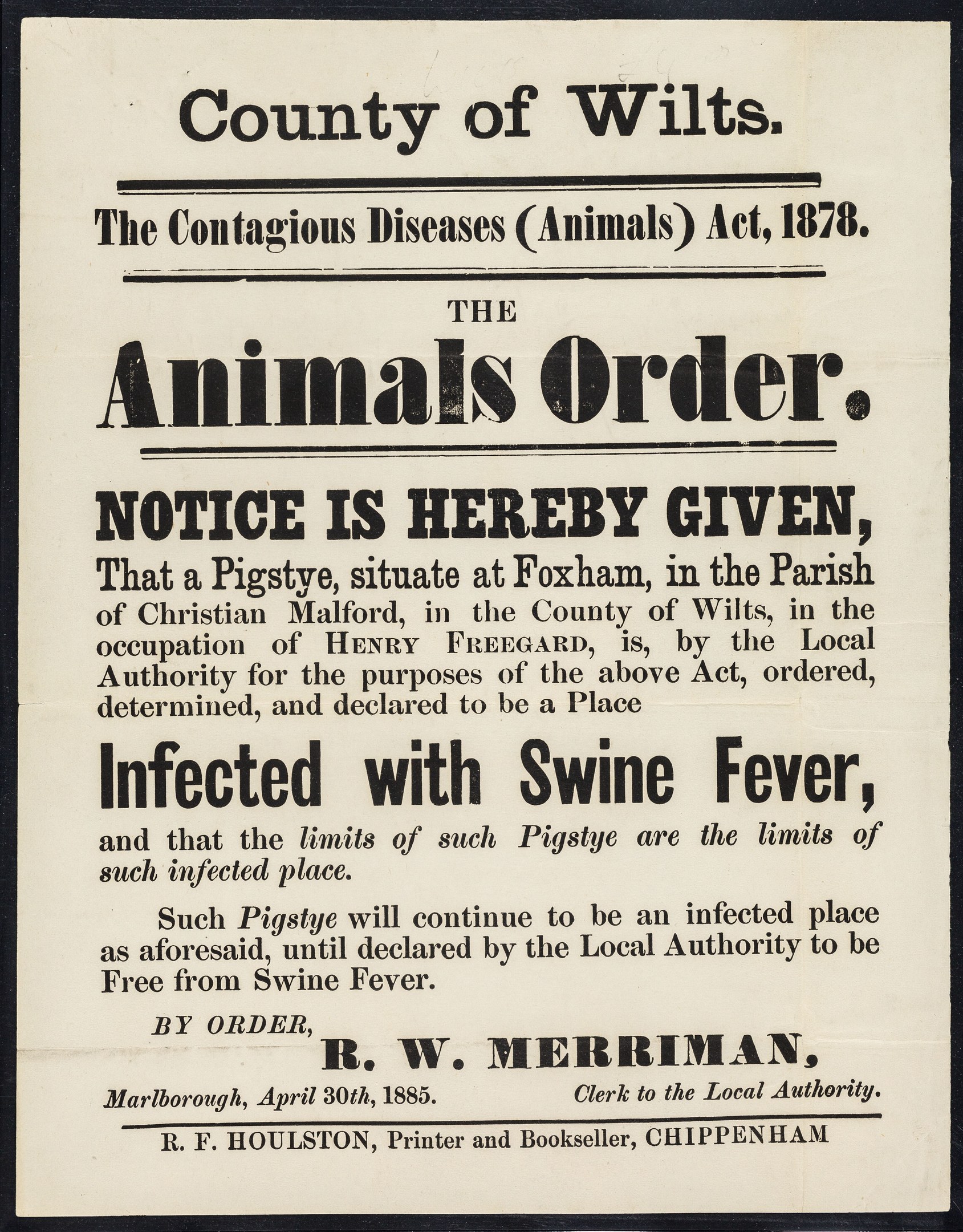 Plakat betitelt "Der Landkreis Wilts, das Tierseuchengesetz von 1878" mit einer Ankündigung über Schweinepest.